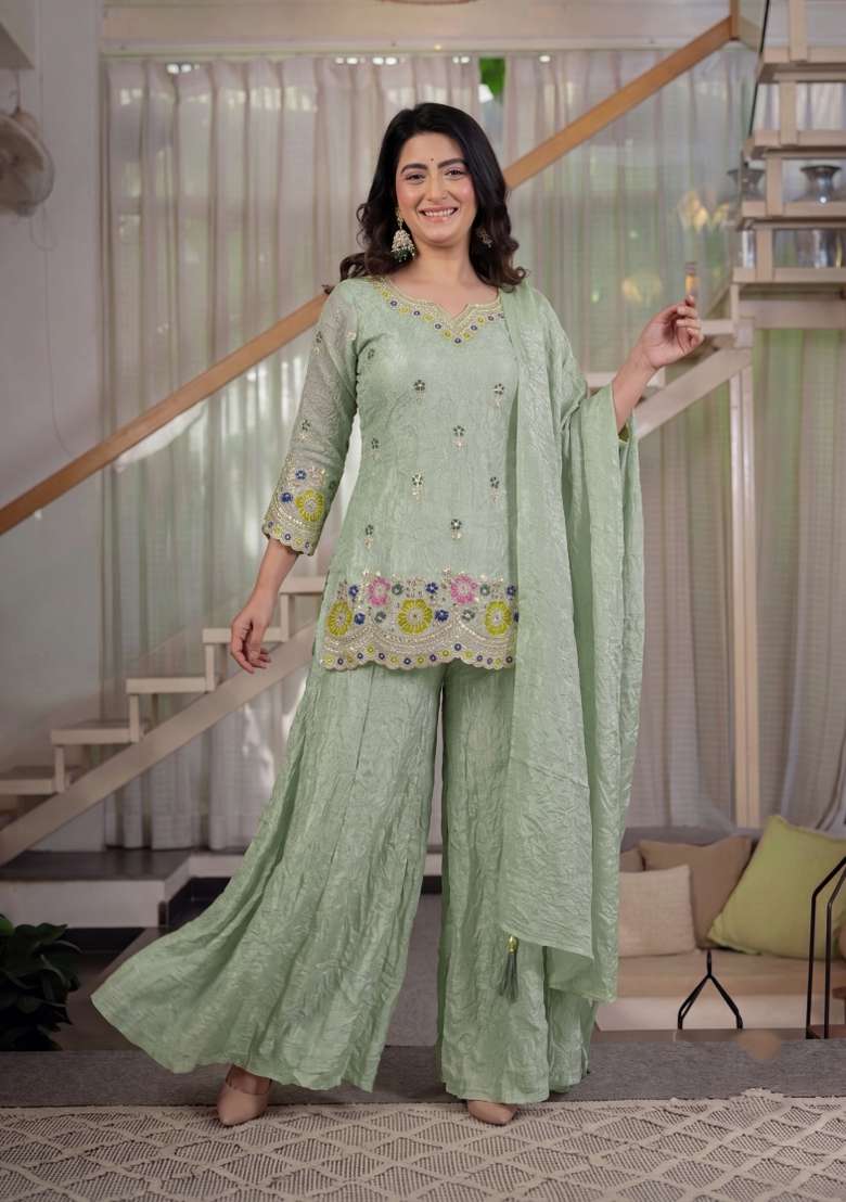 Light Green Embroidered Silk Sharara Set - Indya