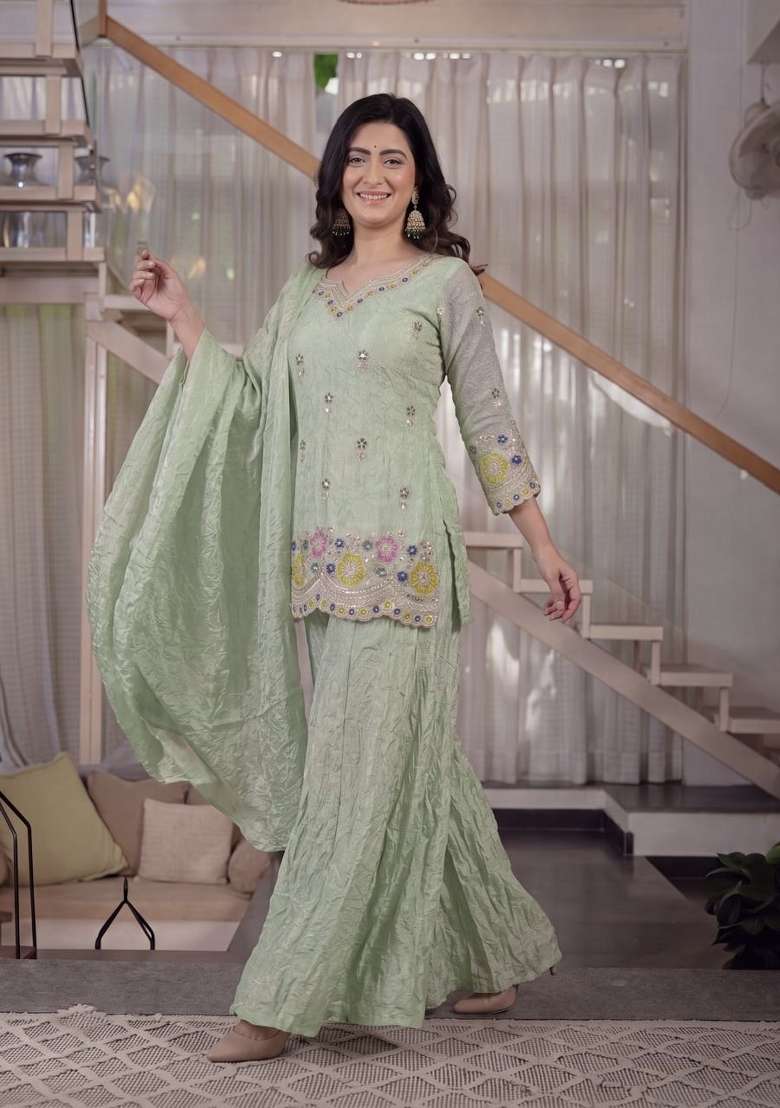 Light Green Embroidered Silk Sharara Set - Indya
