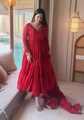 Red Embroidered Silk Anarkali Set