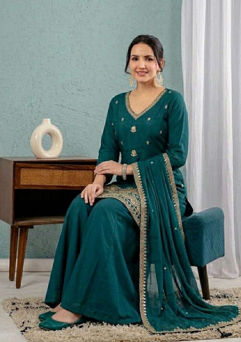 Green Embroidered Silk Sharara Set - Indya