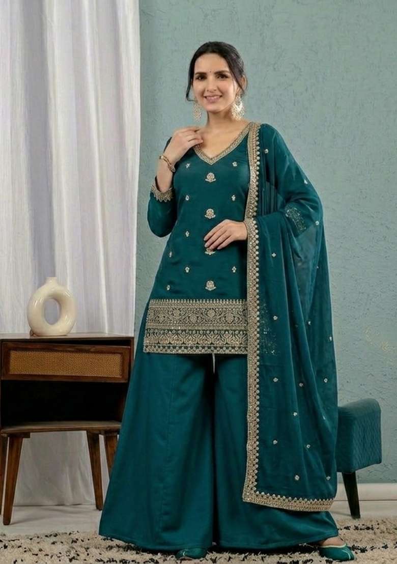 Green Embroidered Silk Sharara Set - Indya