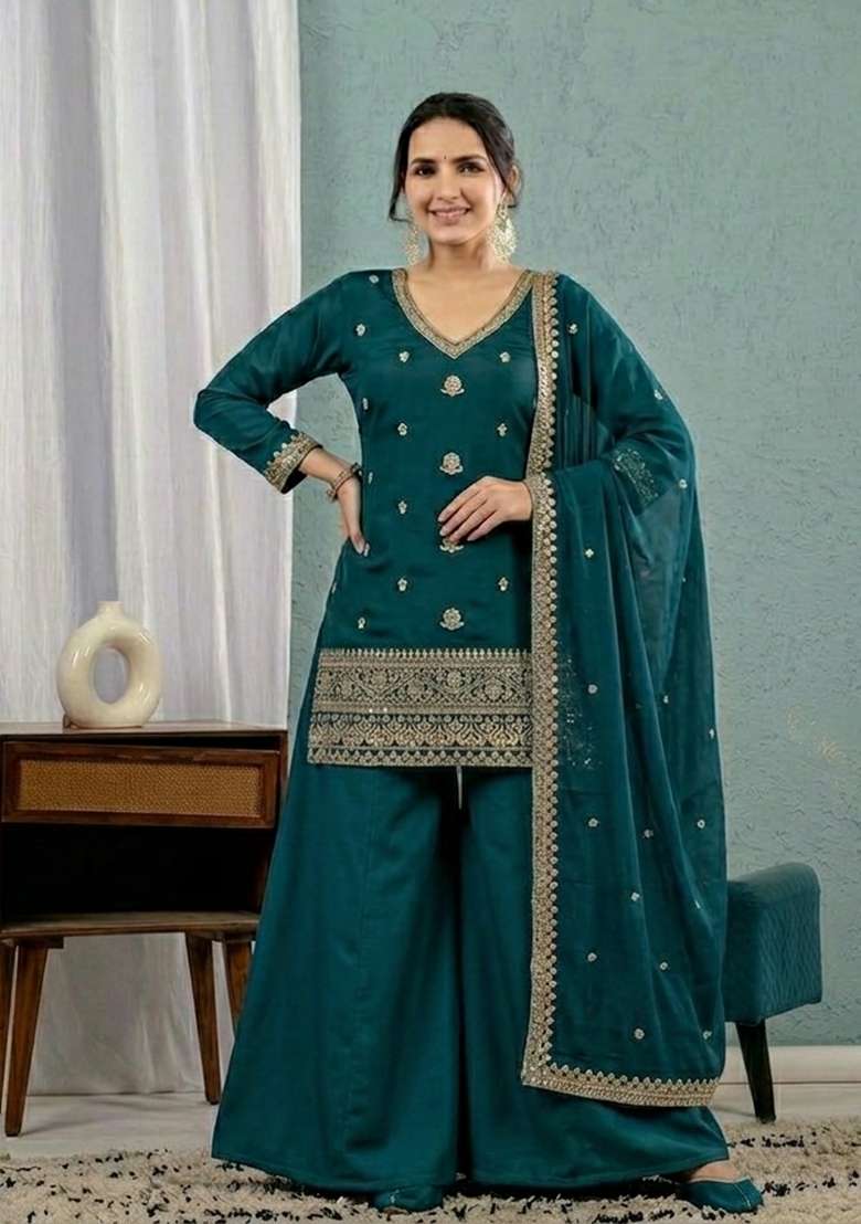 Green Embroidered Silk Sharara Set - Indya