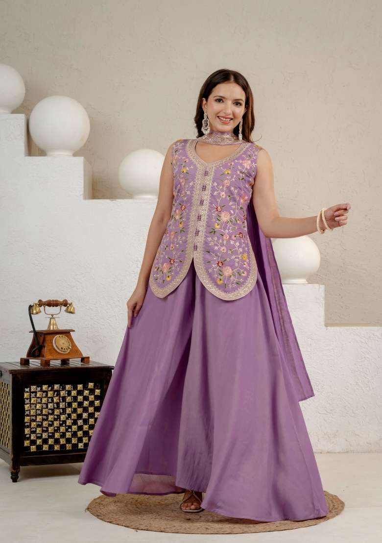 Lavender Embroidered Silk Sharara Set - Indya