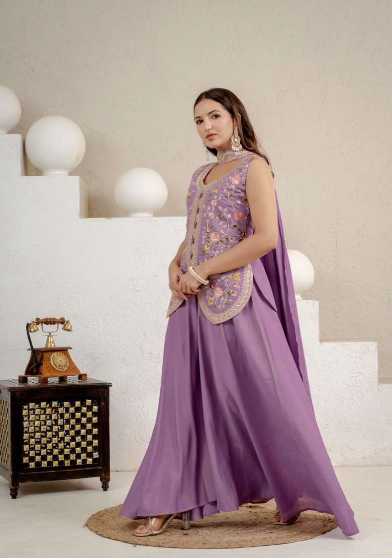 Lavender Embroidered Silk Sharara Set - Indya