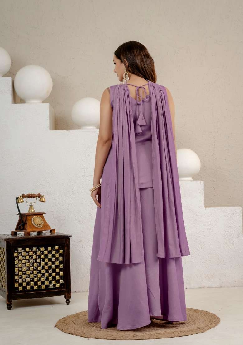 Lavender Embroidered Silk Sharara Set - Indya