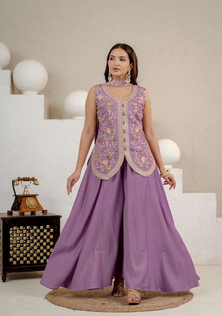 Lavender Embroidered Silk Sharara Set - Indya