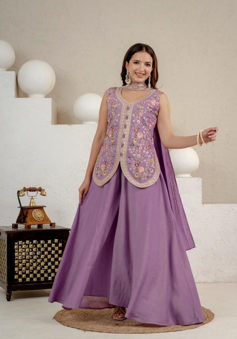 Lavender Embroidered Silk Sharara Set