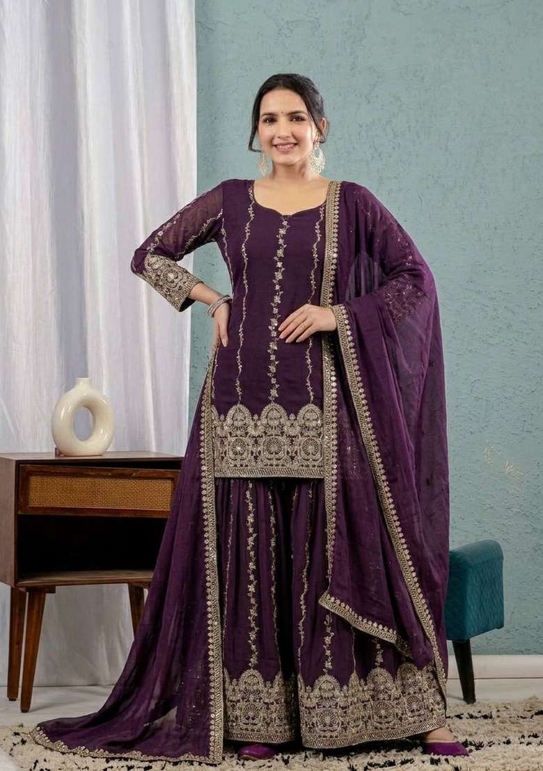 Purple Embroidered Silk Sharara Set - Indya