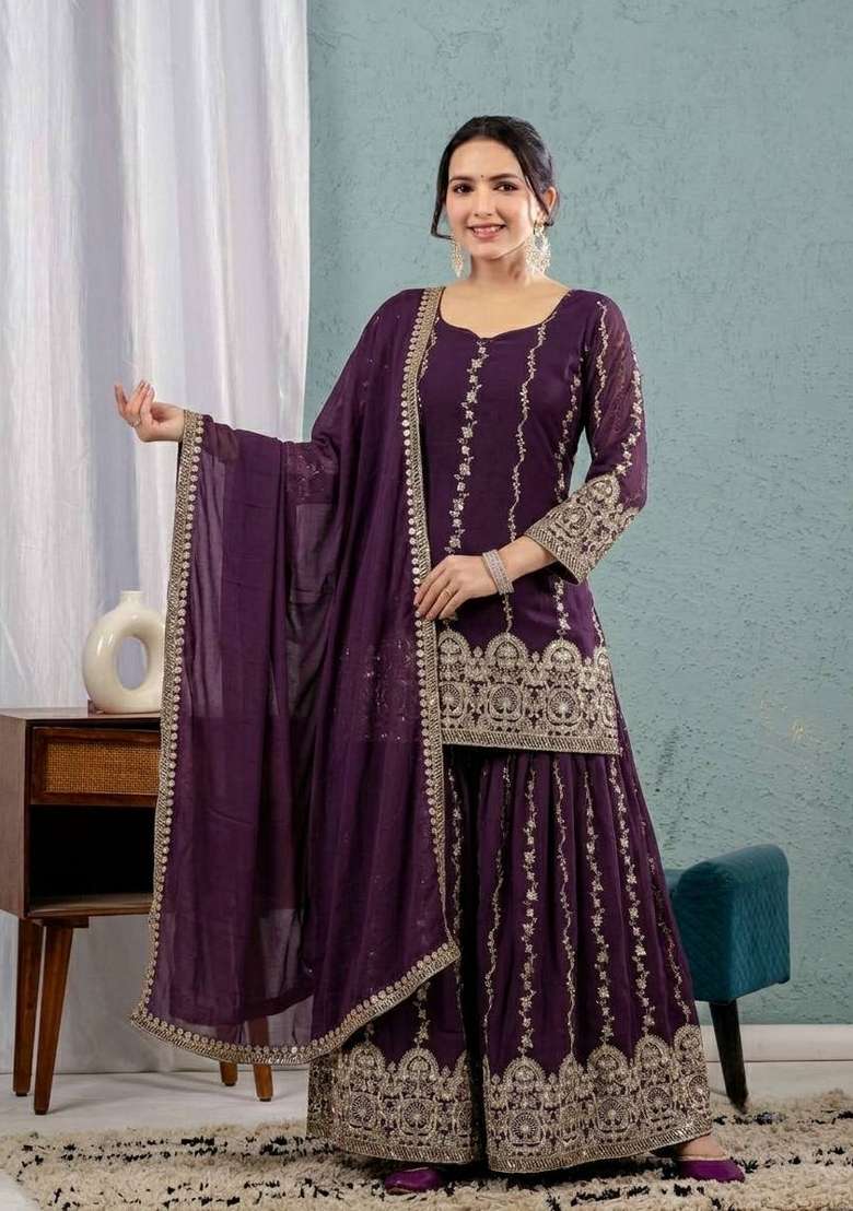 Purple Embroidered Silk Sharara Set - Indya