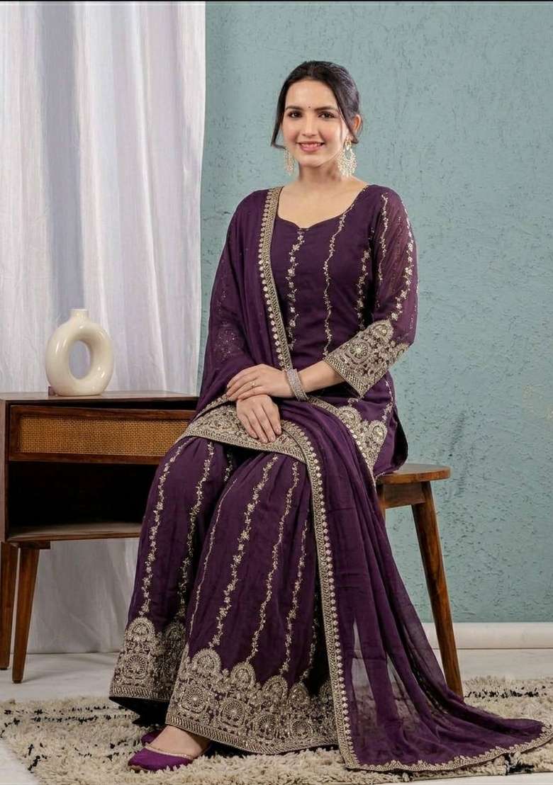 Purple Embroidered Silk Sharara Set - Indya