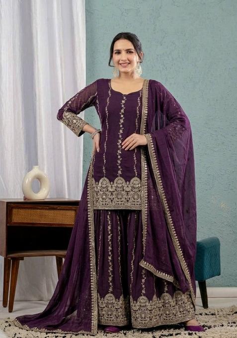 Purple Embroidered Silk Sharara Set