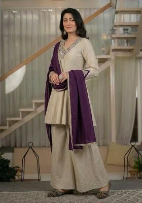 Cream Embroidered Silk Sharara Set