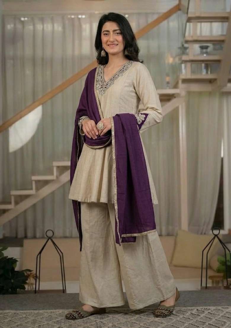 Cream Embroidered Silk Sharara Set - Indya