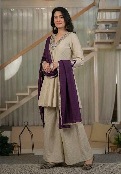 Cream Embroidered Silk Sharara Set
