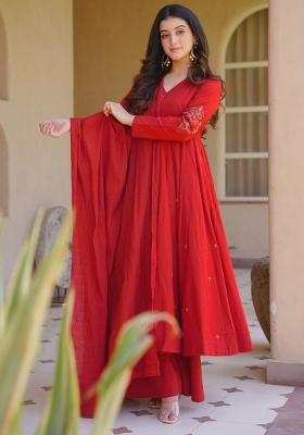Red Embroidered Silk Anarkali Set