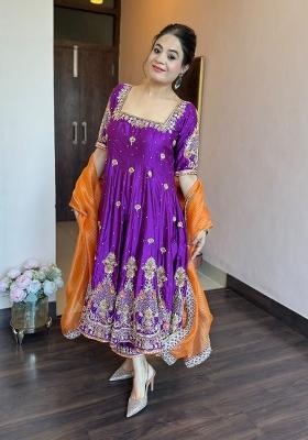Purple Embroidered Silk Anarkali Set