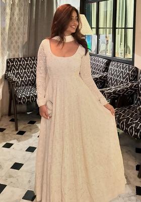 Off White Embroidered Georgette Anarkali Set