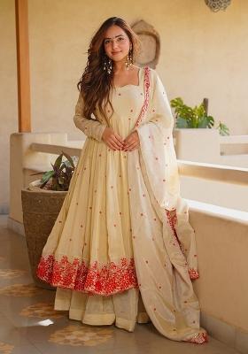 Cream Embroidered Silk Anarkali Set