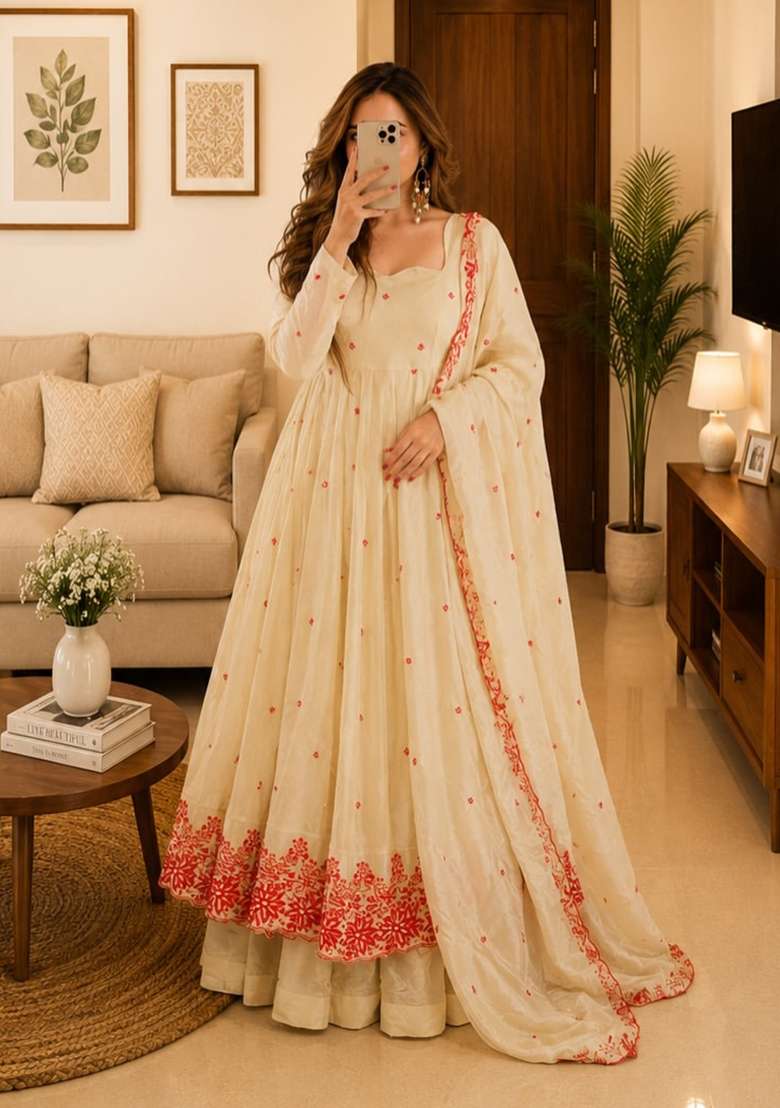 Cream Embroidered Silk Anarkali Set - Indya