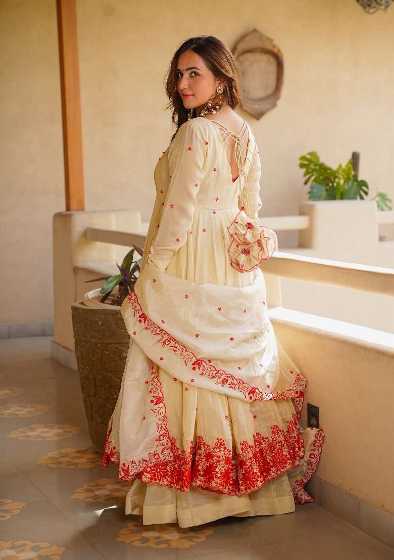 Cream Embroidered Silk Anarkali Set - Indya