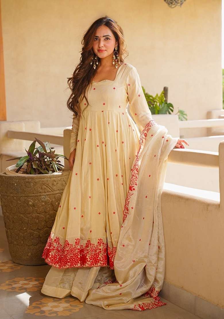 Cream Embroidered Silk Anarkali Set - Indya