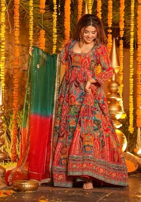 Orange Embroidered Crepe Anarkali Set