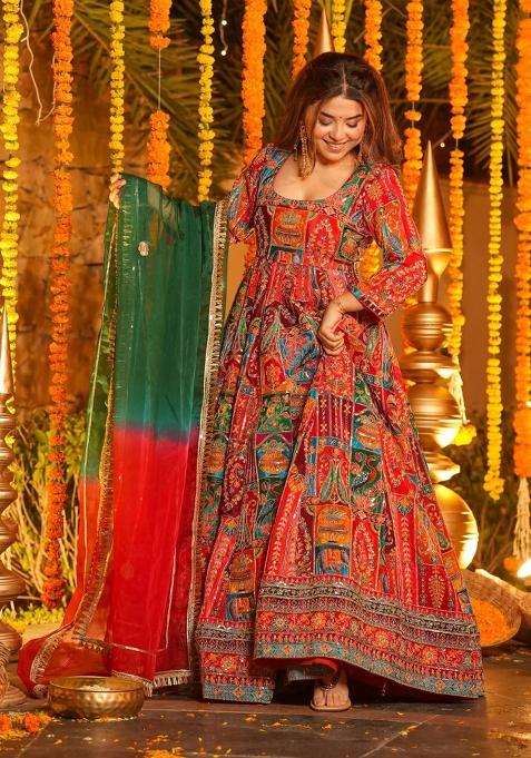 Orange Embroidered Crepe Anarkali Set