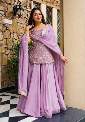 Lavender Embroidered Silk Sharara Set