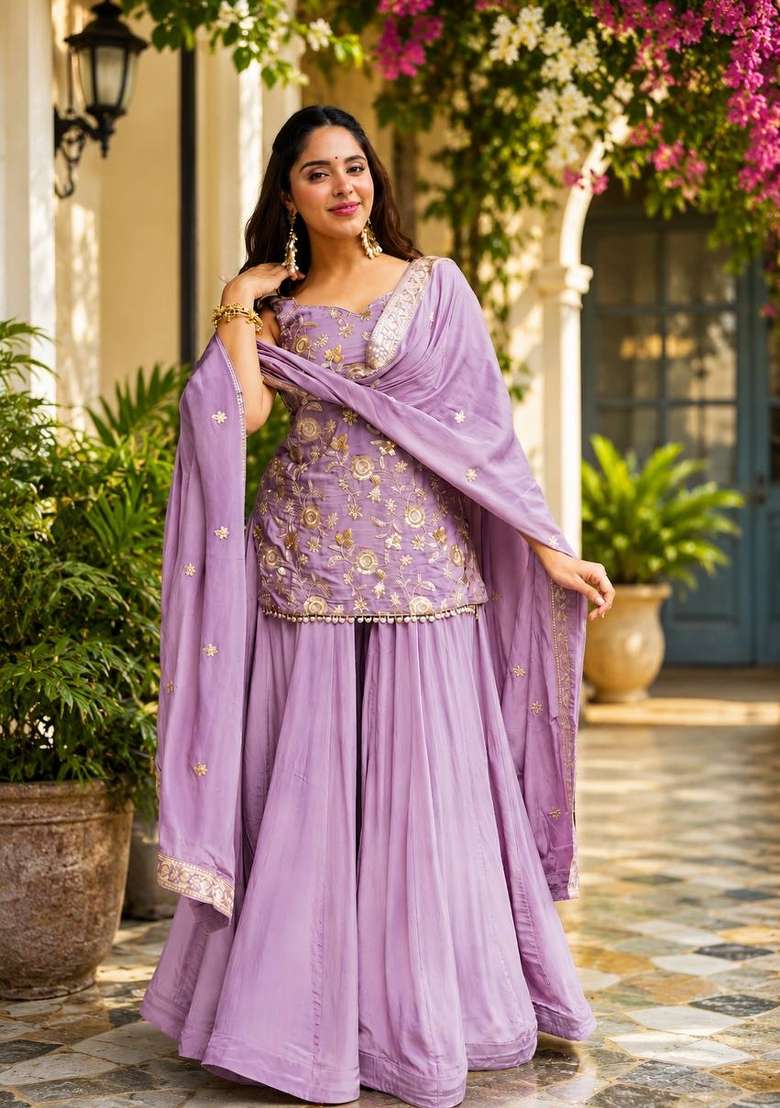Lavender Embroidered Silk Sharara Set - Indya