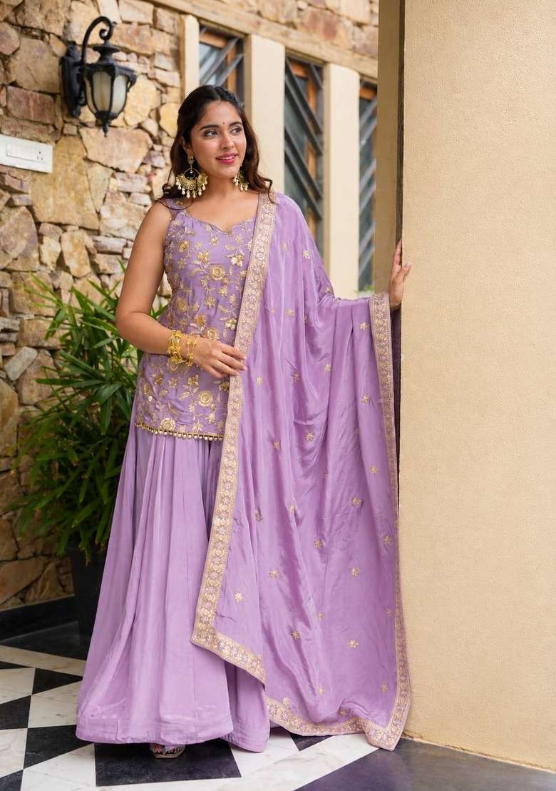 Lavender Embroidered Silk Sharara Set - Indya