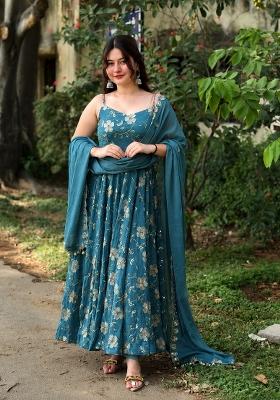 Aqua Blue Embroidered Silk Anarkali Set