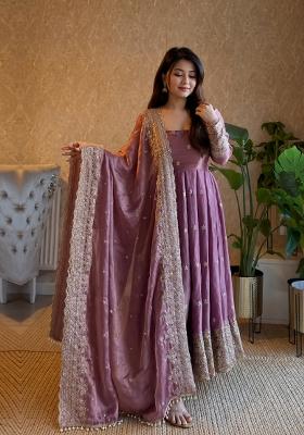 Lavender Embroidered Silk Anarkali With Dupatta