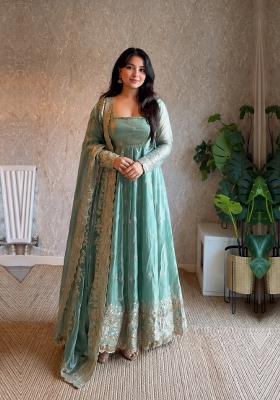 Sea Green Embroidered Silk Anarkali With Dupatta