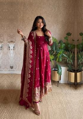 Rani Pink Embroidered Silk Anarkali With Dupatta
