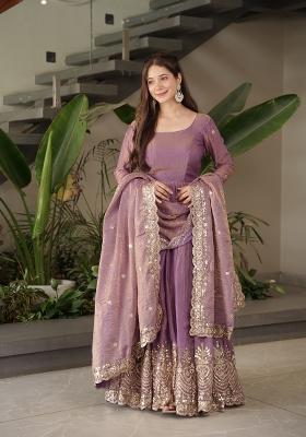 Onion Pink Sequin Work Silk Gown With Dupatta