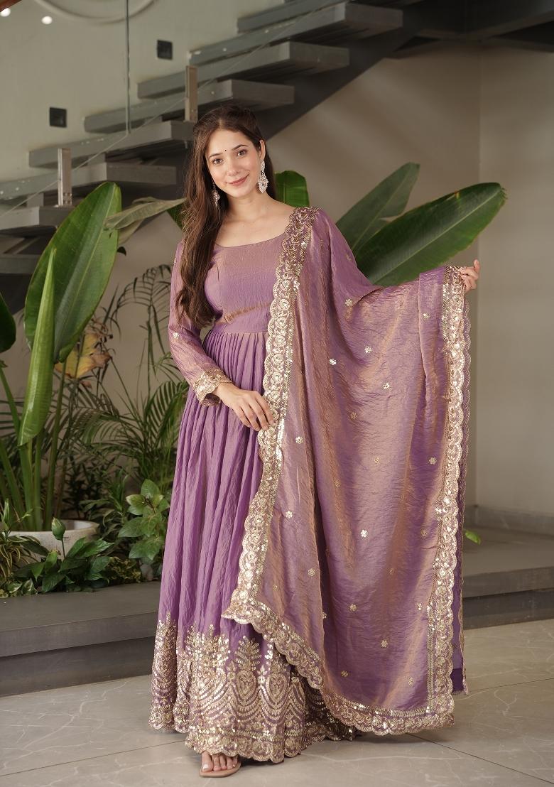 Onion Pink Sequin Work Silk Gown With Dupatta - Indya