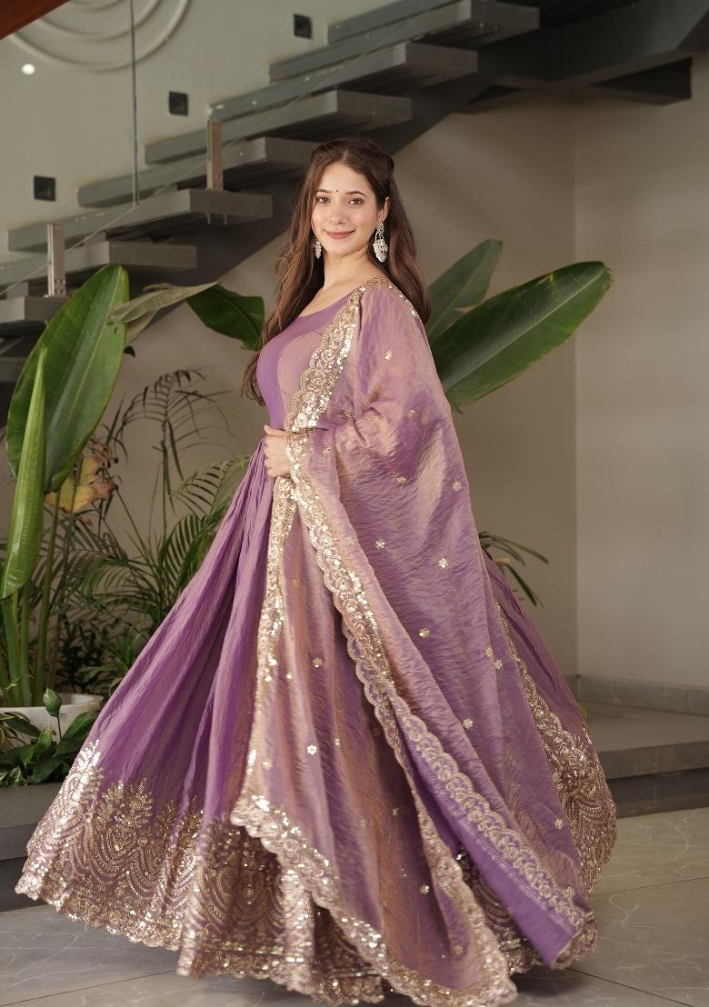 Onion Pink Sequin Work Silk Gown With Dupatta - Indya