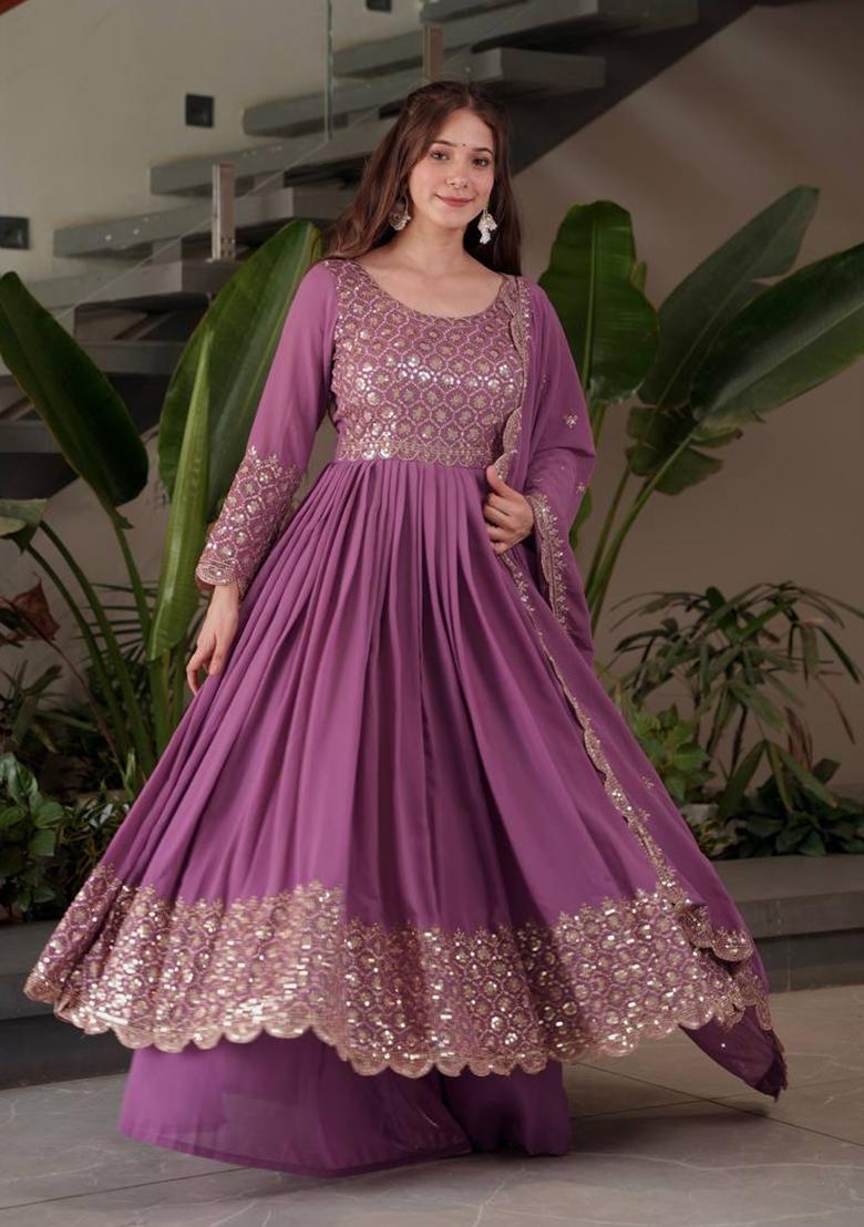 Lavender Sequin Work Georgette Kurta Set - Indya