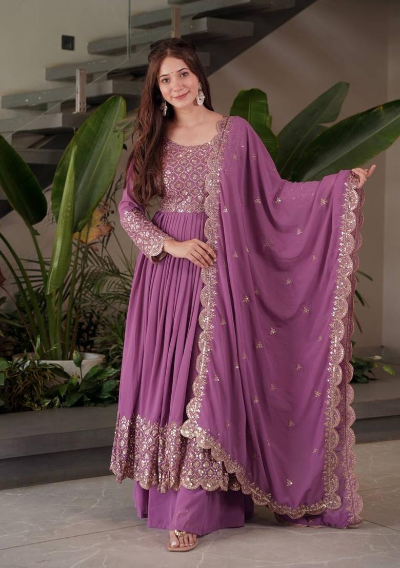 Lavender Sequin Work Georgette Kurta Set - Indya
