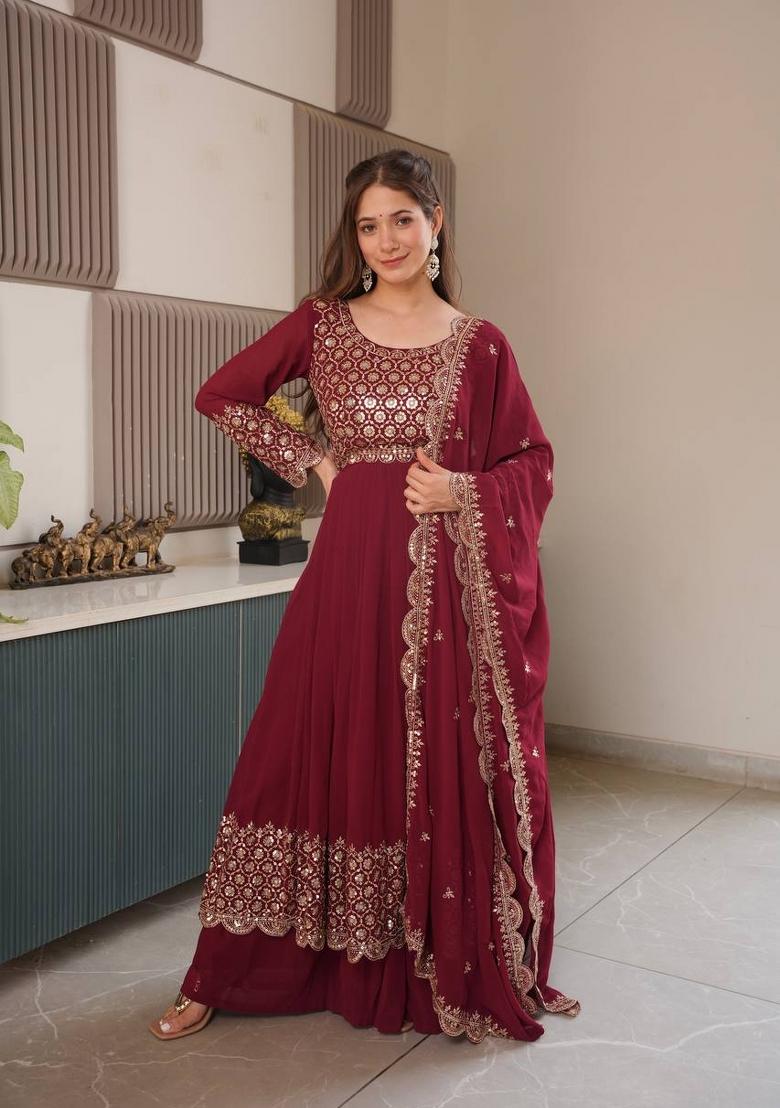 Maroon Sequin Work Georgette Kurta Set - Indya