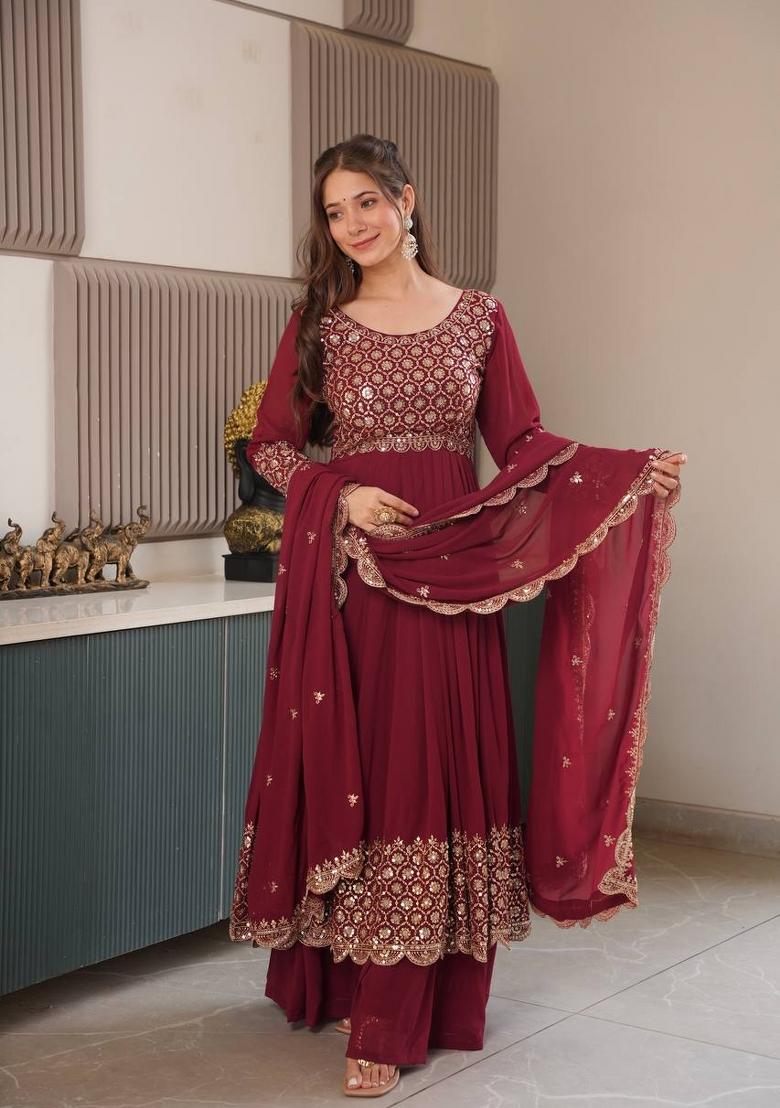 Maroon Sequin Work Georgette Kurta Set - Indya
