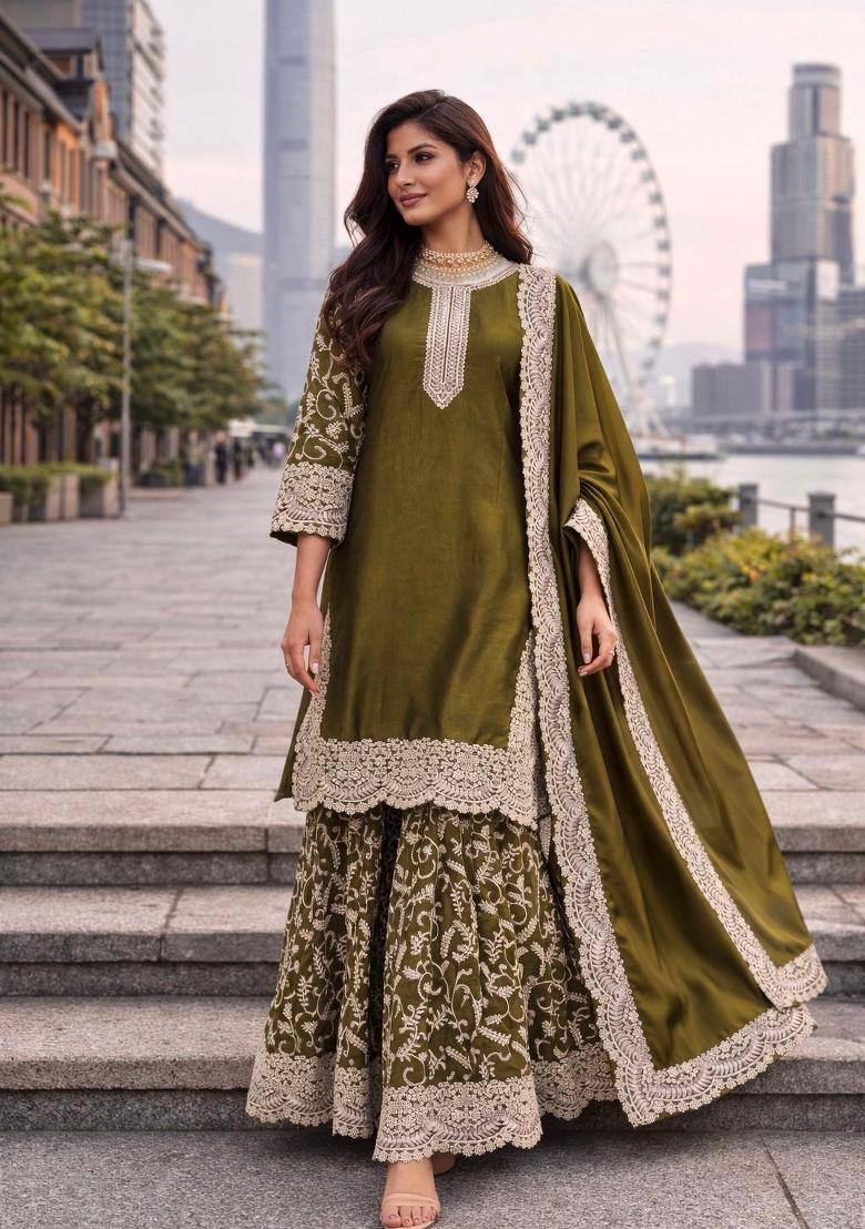 Mehendi Sequin Work Silk Kurta Set - Indya