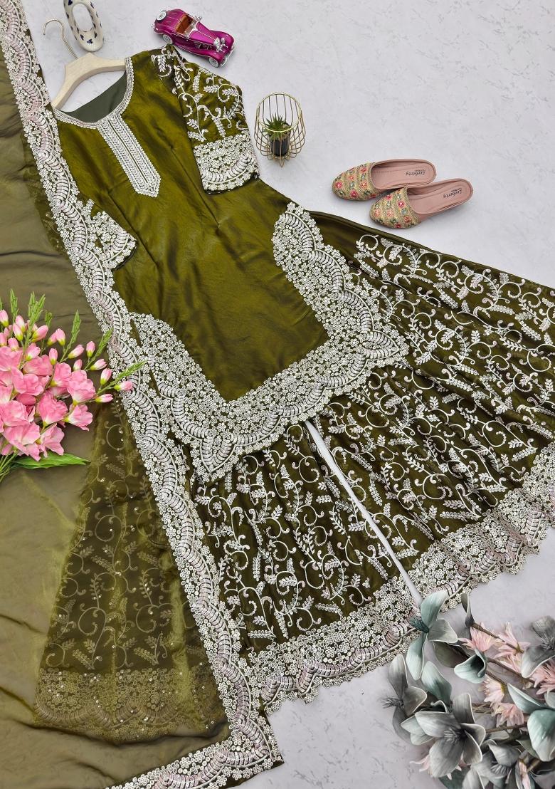 Mehendi Sequin Work Silk Kurta Set - Indya