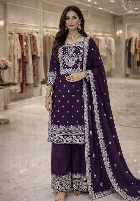 Purple Sequin Work Silk Kurta Set