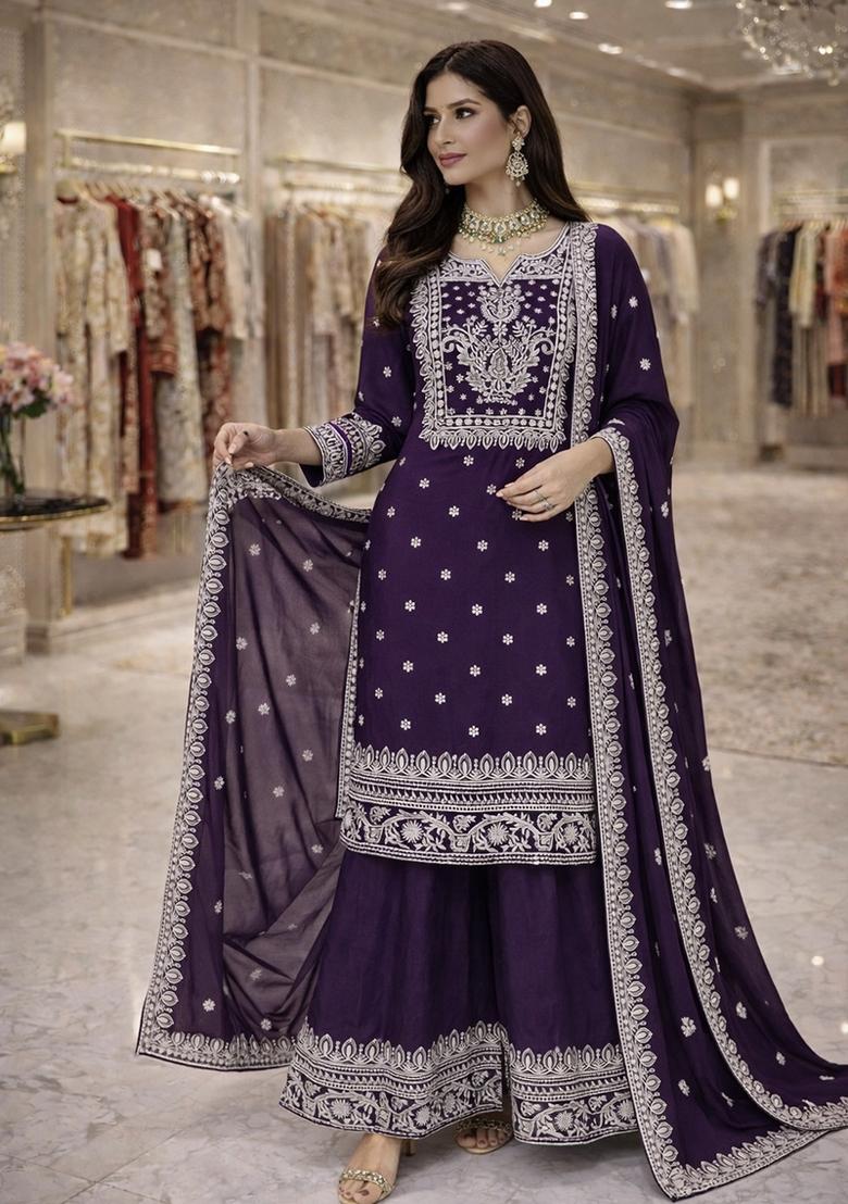 Purple Sequin Work Silk Kurta Set - Indya