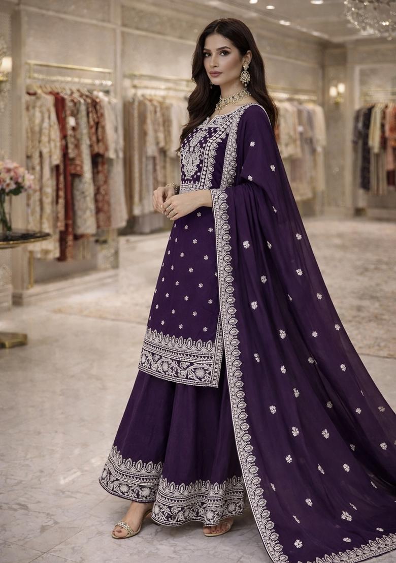 Purple Sequin Work Silk Kurta Set - Indya