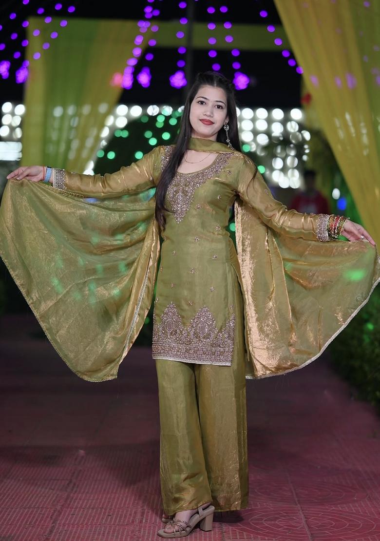 Mehendi Sequin Work Silk Kurta Set - Indya