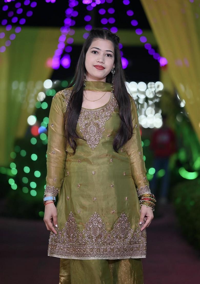 Mehendi Sequin Work Silk Kurta Set - Indya