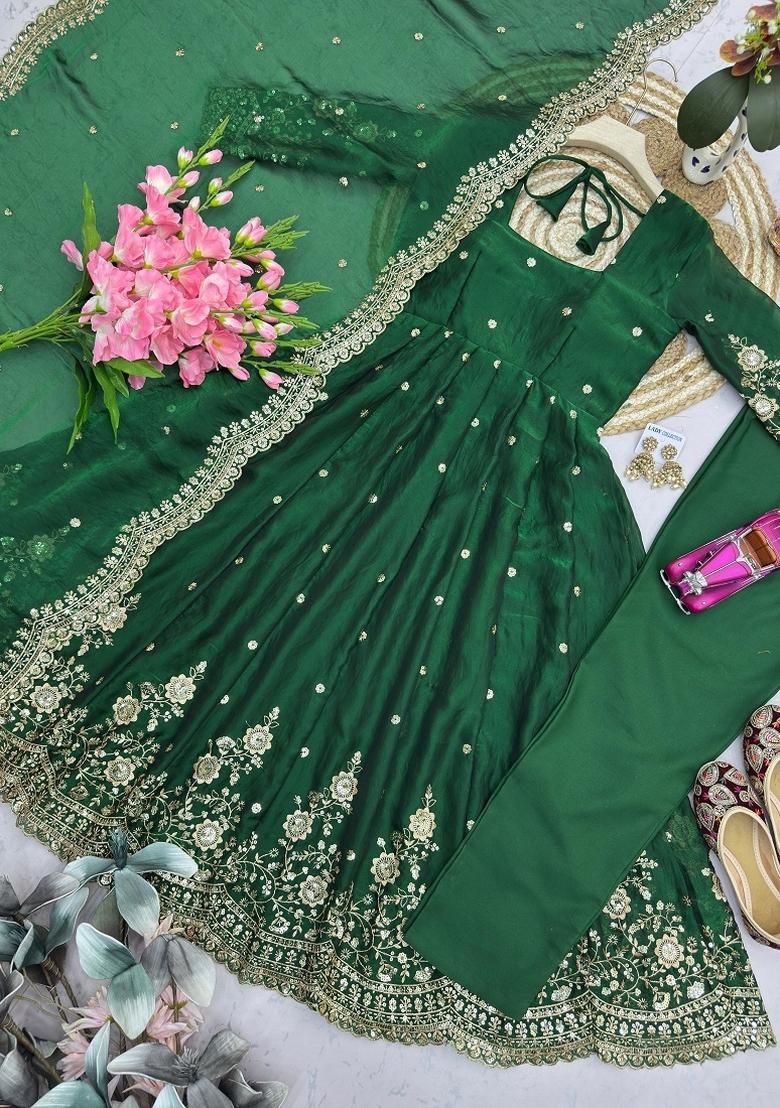 Green Sequin Work Silk Kurta Set - Indya