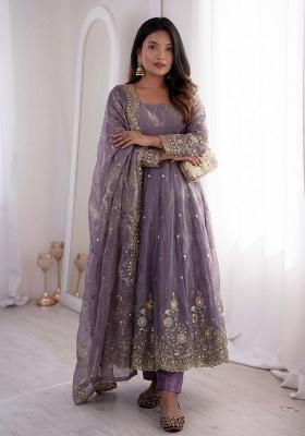 Lavender Sequin Work Silk Kurta Set